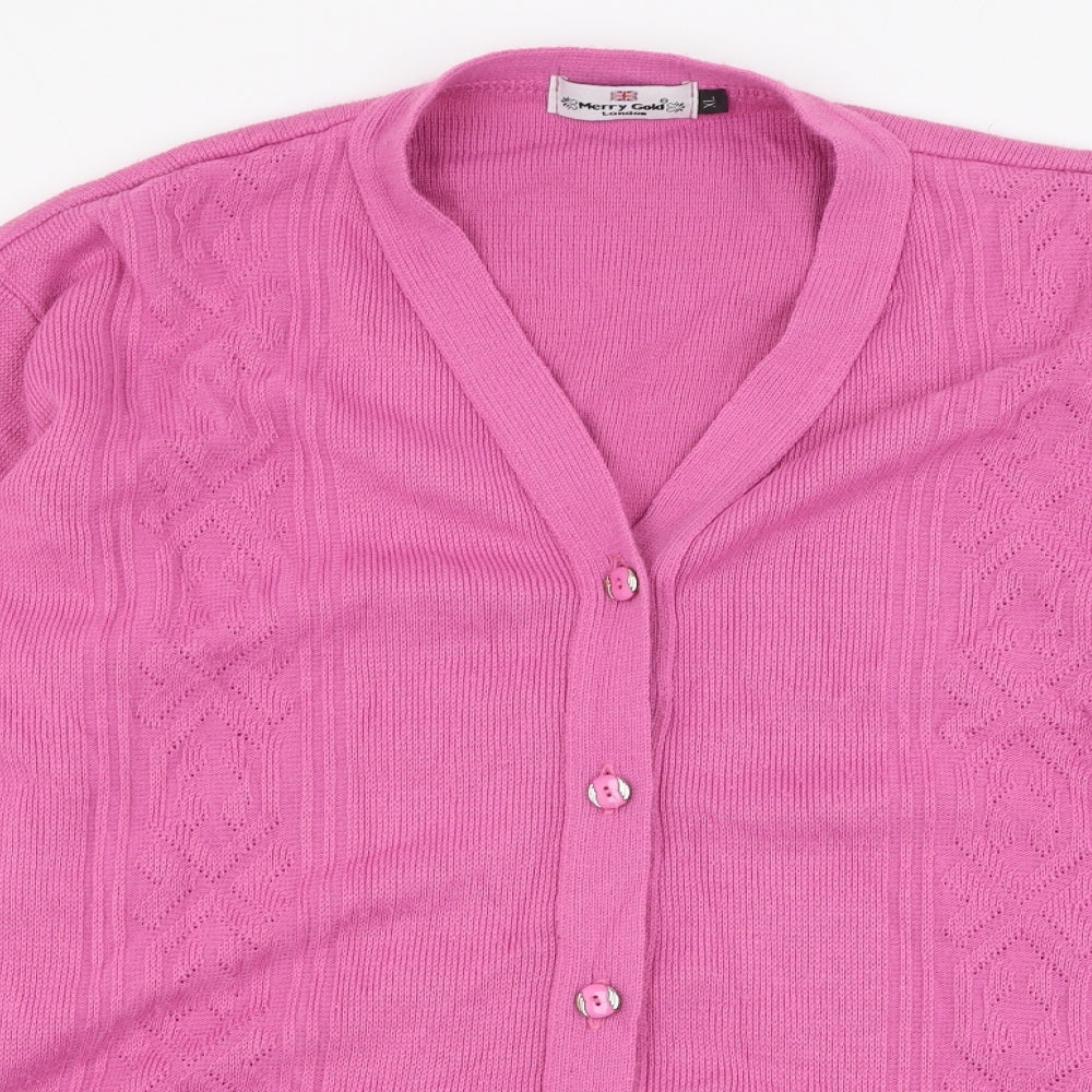 Merry Gold Womens Pink V-Neck  Acrylic Cardigan Jumper Size XL