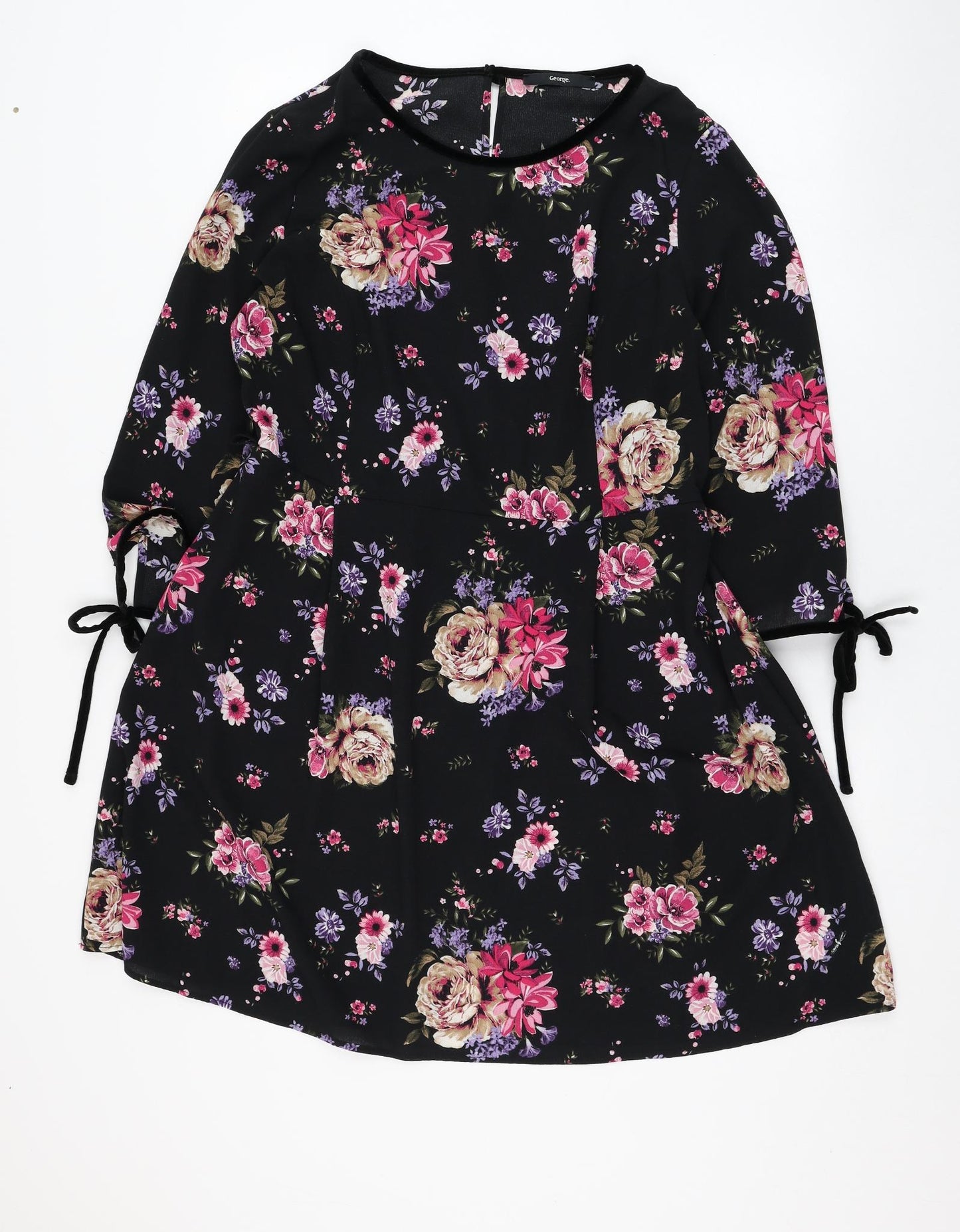 George Womens Black Floral Polyester Skater Dress  Size 14  Round Neck Pullover