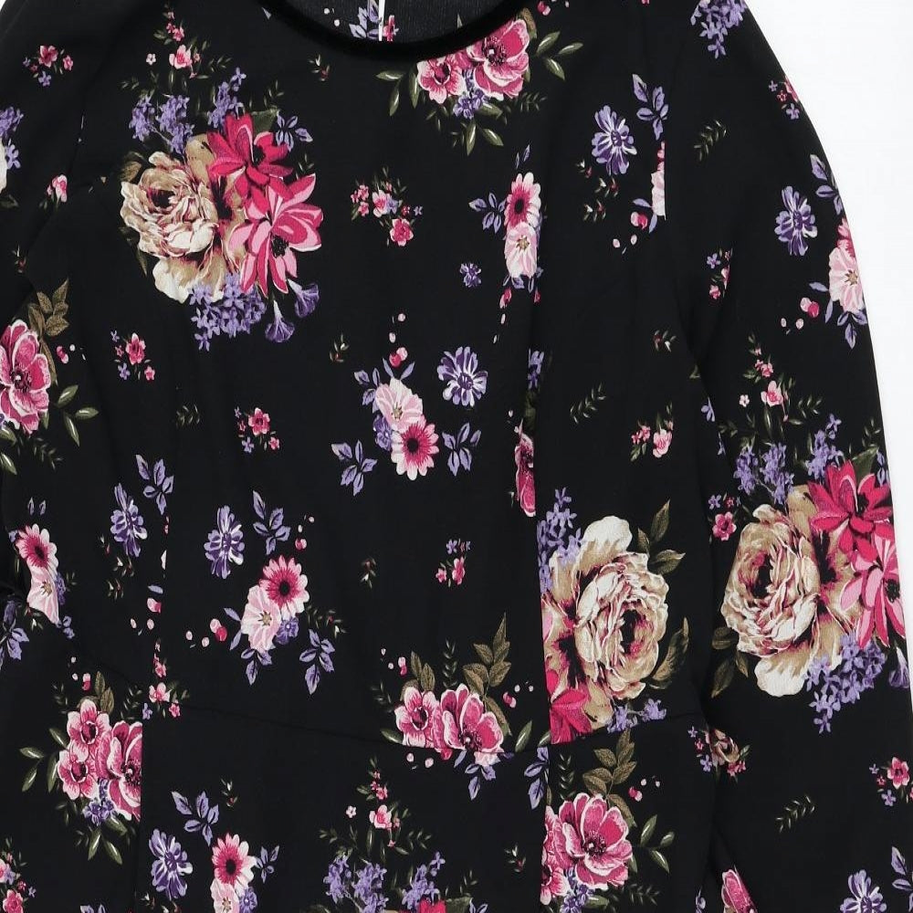 George Womens Black Floral Polyester Skater Dress  Size 14  Round Neck Pullover