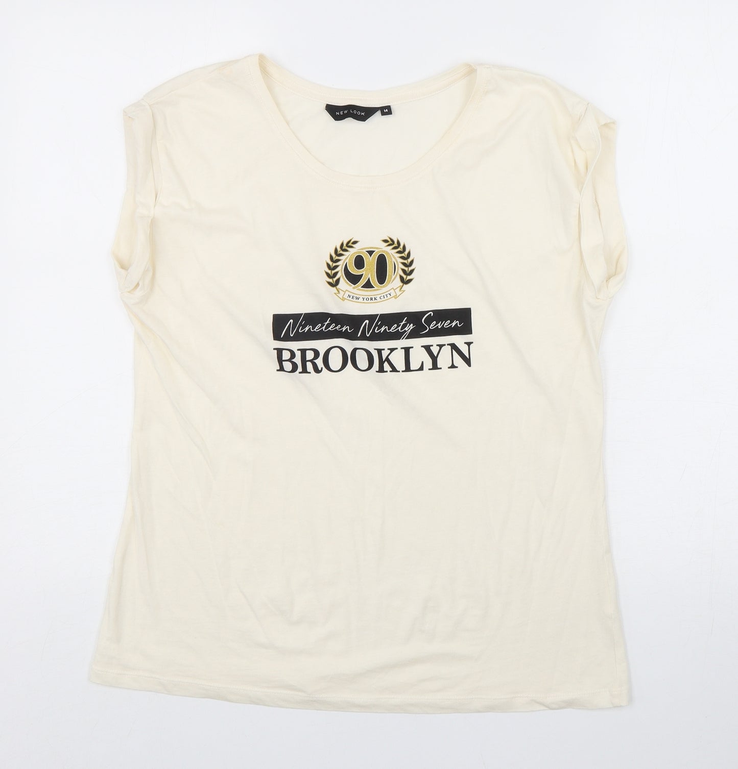 New Look Womens Ivory  Polyester Basic T-Shirt Size 14 Round Neck