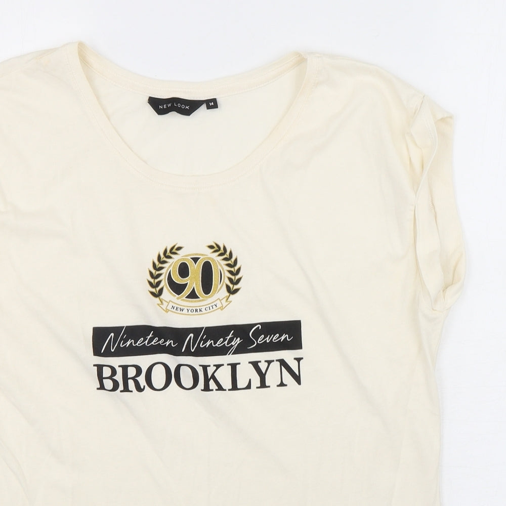 New Look Womens Ivory  Polyester Basic T-Shirt Size 14 Round Neck