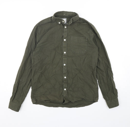 Front view of River Island men’s green cotton button-up, size XS, collared button