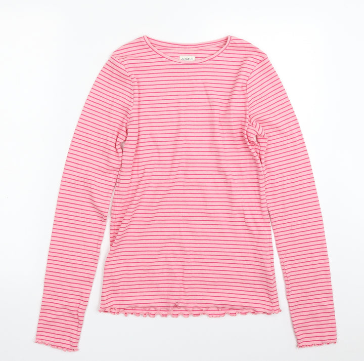 F&F Girls Pink Crew Neck Striped Cotton Pullover Jumper Size 13-14 Years  Pullover