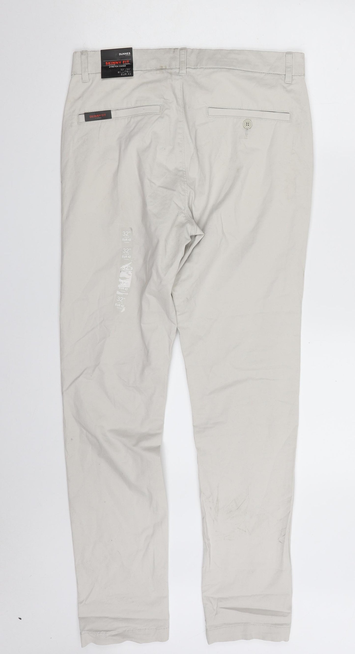 Dunnes Stores Mens Grey  Cotton Chino Trousers Size 32 in L30 in Slim Zip