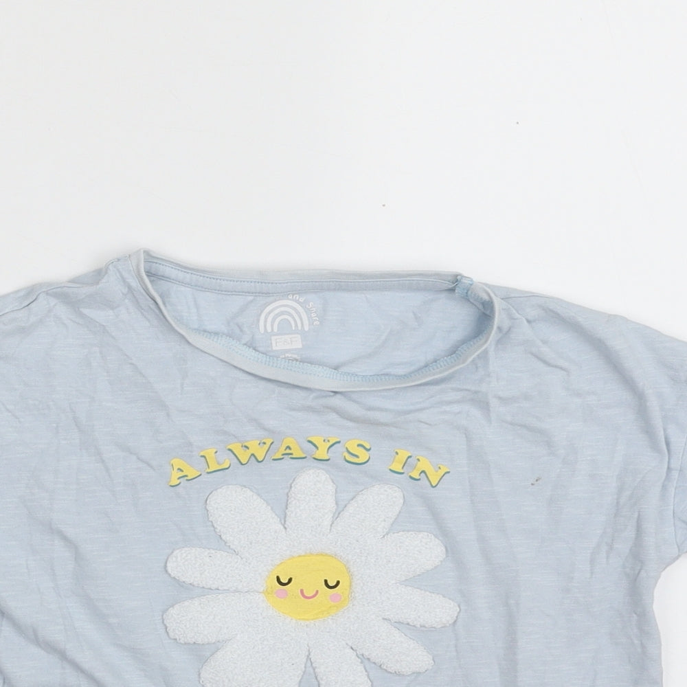 F&F Girls Blue  100% Cotton Basic T-Shirt Size 6-7 Years Crew Neck Pullover - Always in Full Bloom