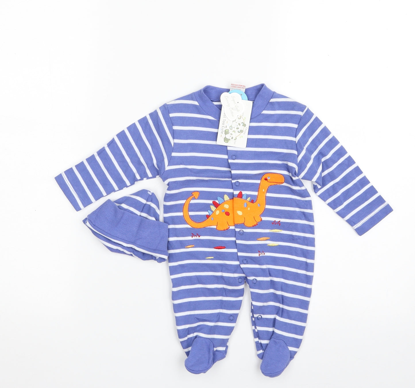 Just too Cute Baby Blue Striped 100% Cotton Babygrow One-Piece Size 0-3 Months  Snap - Dinosaur