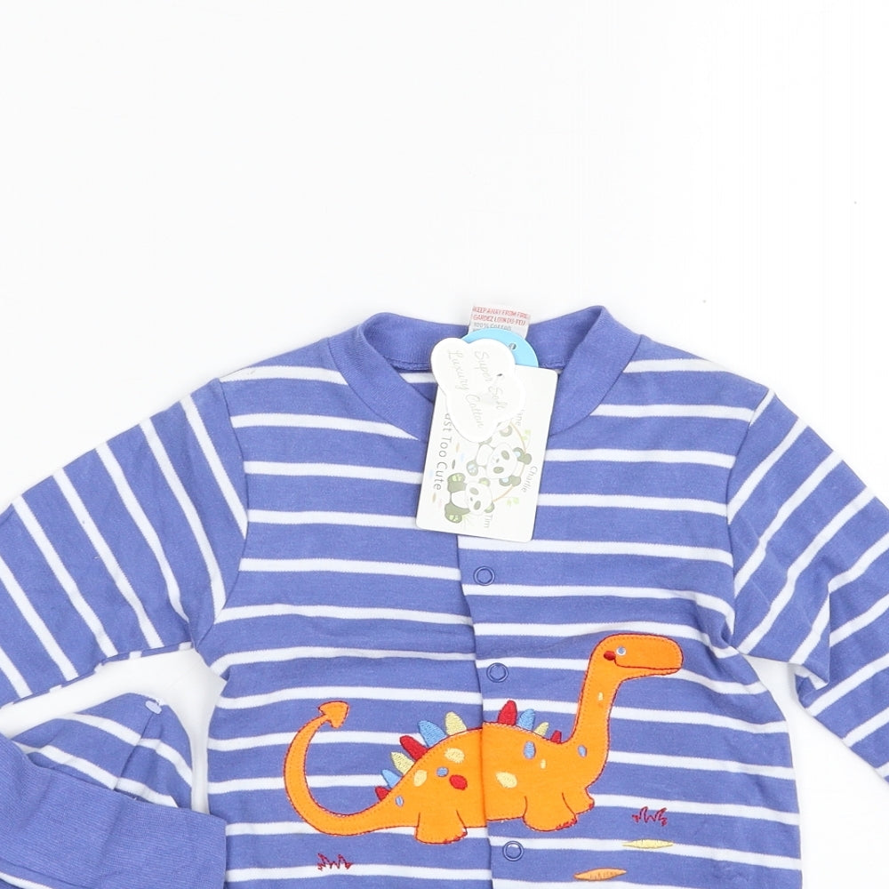 Just too Cute Baby Blue Striped 100% Cotton Babygrow One-Piece Size 0-3 Months  Snap - Dinosaur