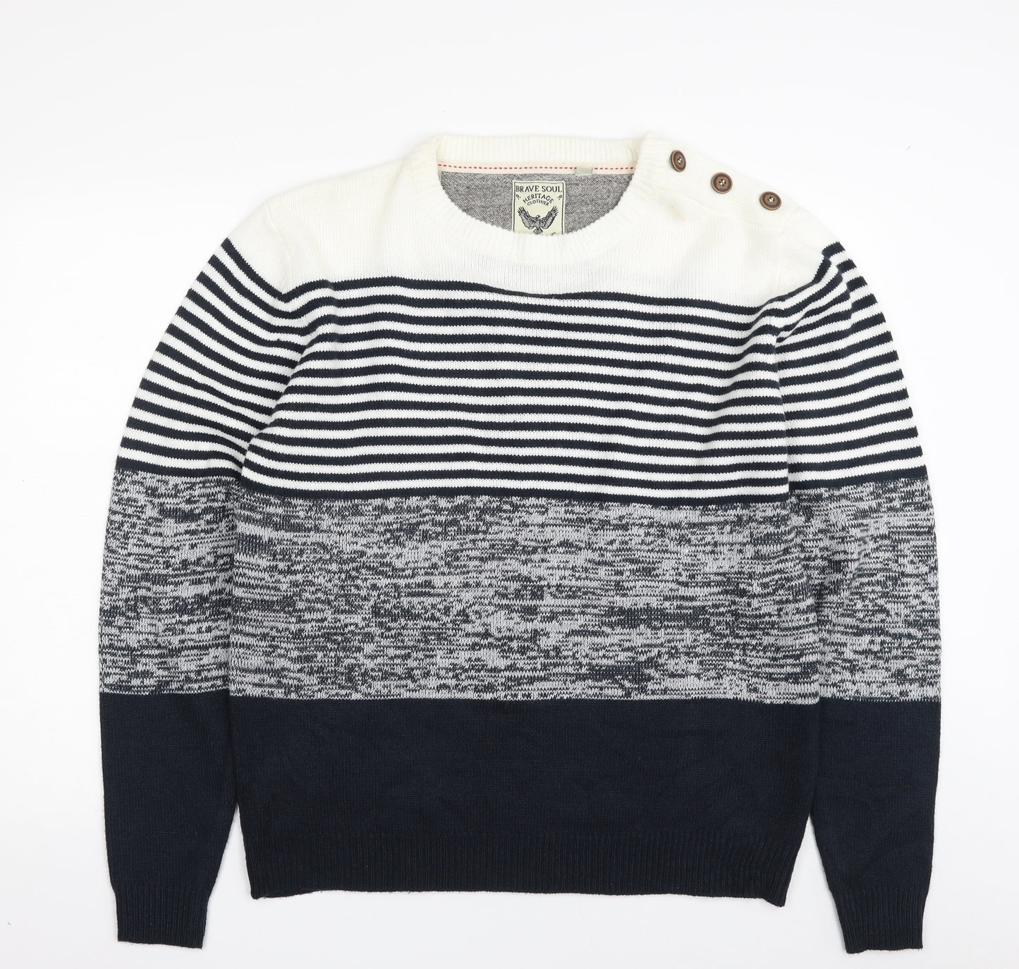 Brave Soul Mens White Crew Neck Striped Acrylic Pullover Jumper Size L