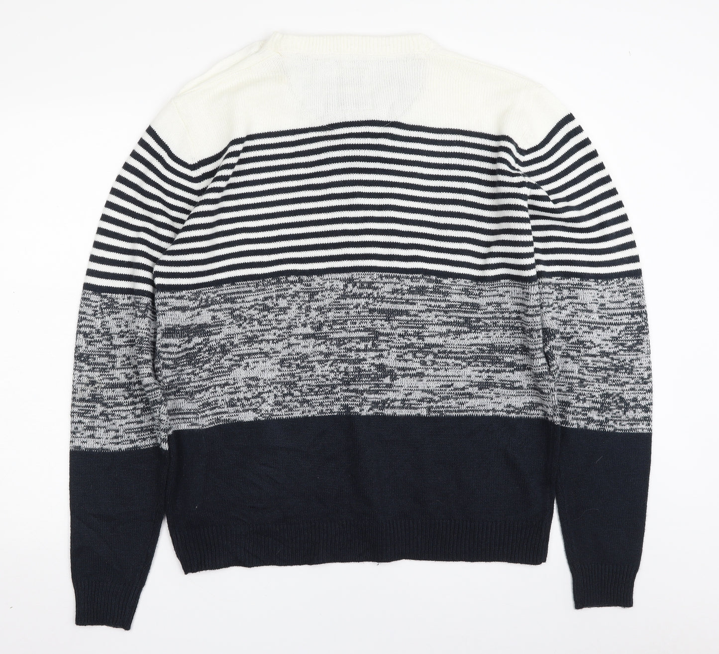 Brave Soul Mens White Crew Neck Striped Acrylic Pullover Jumper Size L