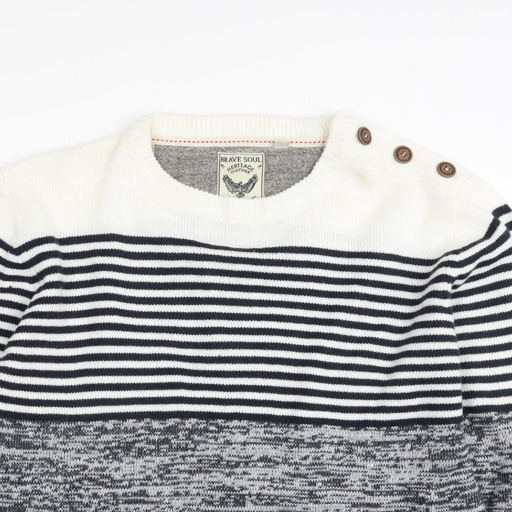 Brave Soul Mens White Crew Neck Striped Acrylic Pullover Jumper Size L