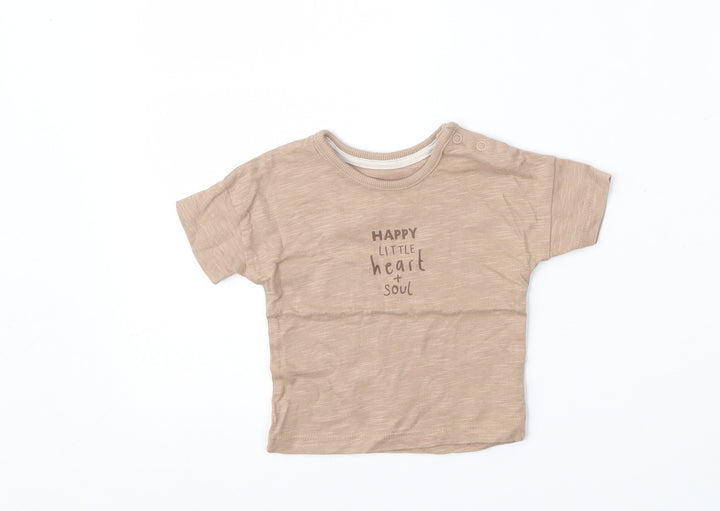 George Boys Brown Cotton Basic T-Shirt Size 0-3 Months Round Neck