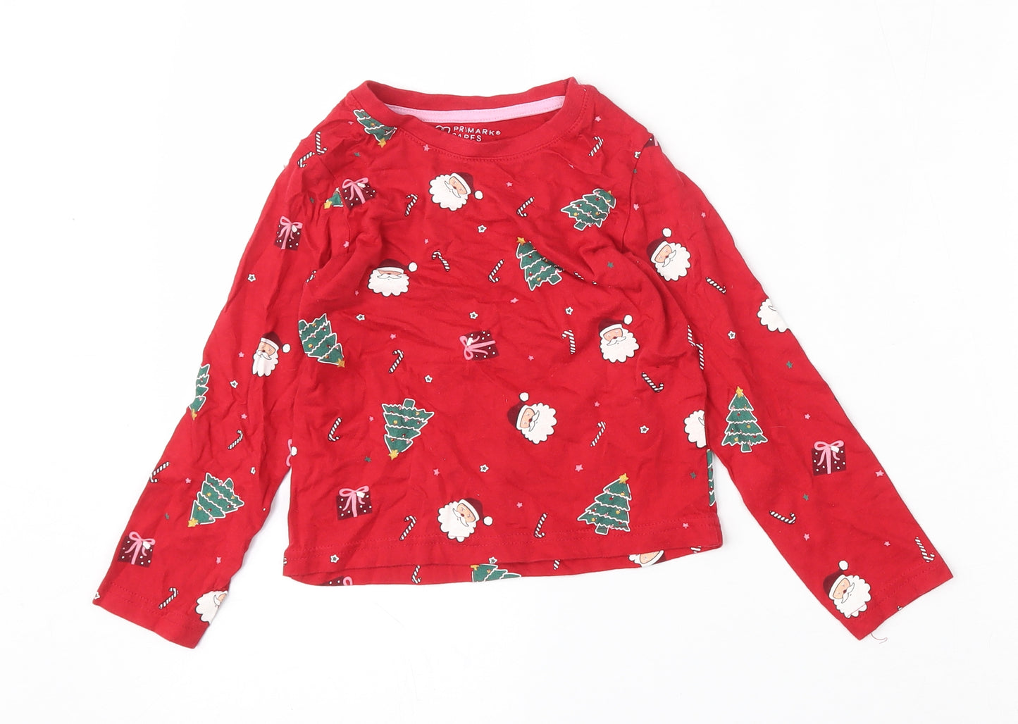 Primark Girls Red Geometric Cotton Basic T-Shirt Size 4-5 Years Round Neck  - Christmas