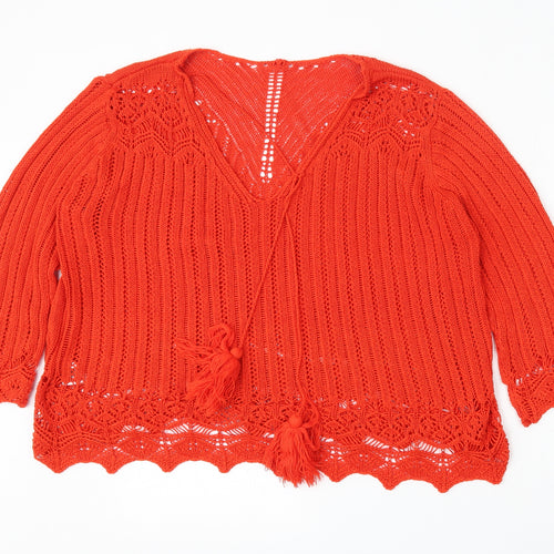 Peacocks Womens Red V-Neck  Acrylic Pullover Jumper Size L