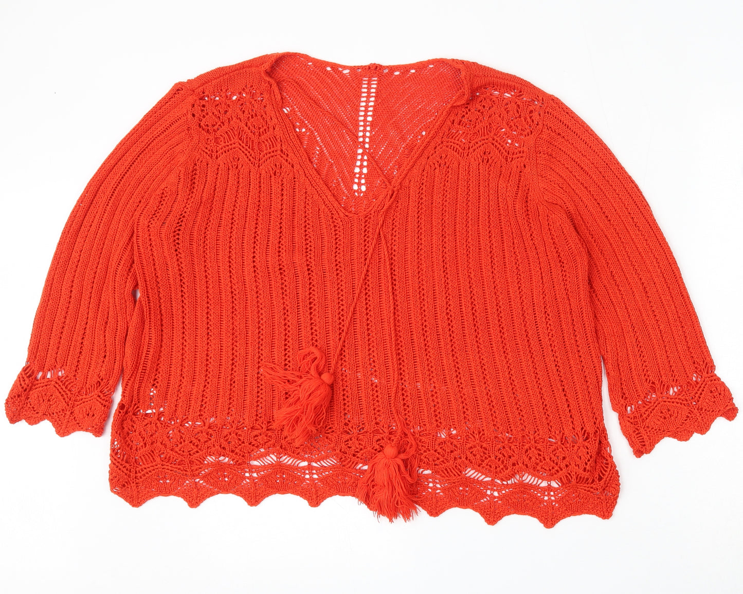 Peacocks Womens Red V-Neck  Acrylic Pullover Jumper Size L