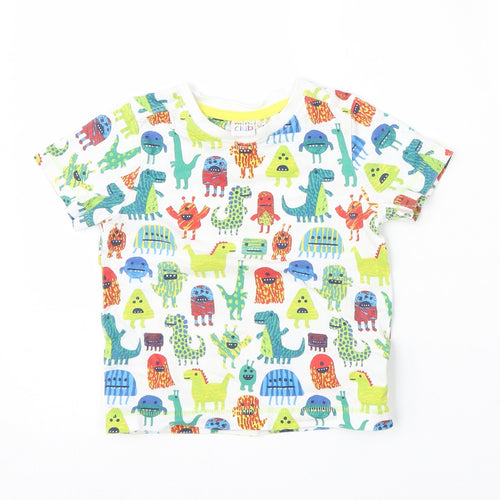 Mini Club Boys White Geometric Cotton Basic T-Shirt Size 12-18 Months Round Neck  - dinosaur
