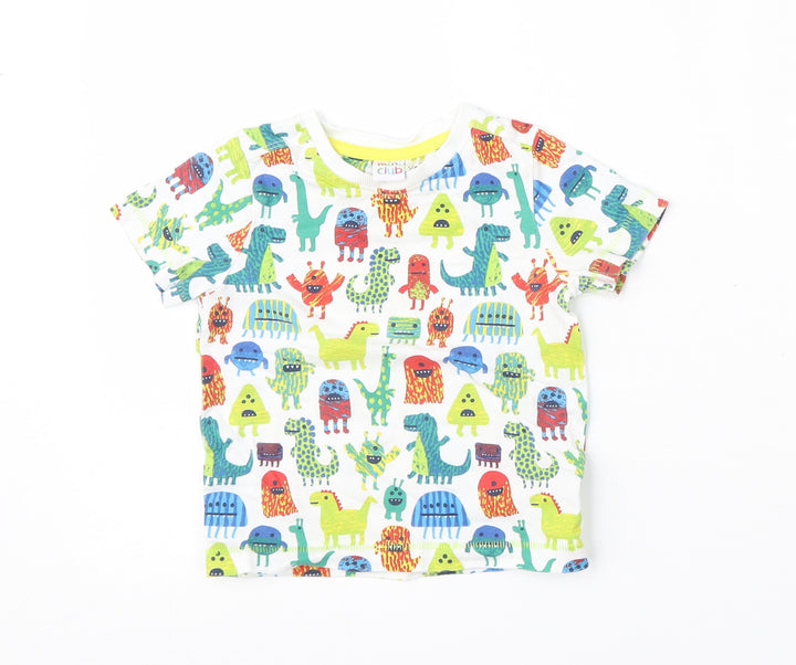 Mini Club Boys White Geometric Cotton Basic T-Shirt Size 12-18 Months Round Neck - dinosaur