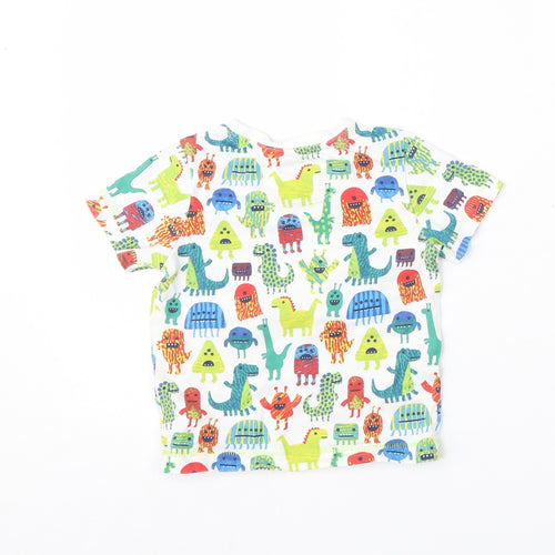Mini Club Boys White Geometric Cotton Basic T-Shirt Size 12-18 Months Round Neck  - dinosaur