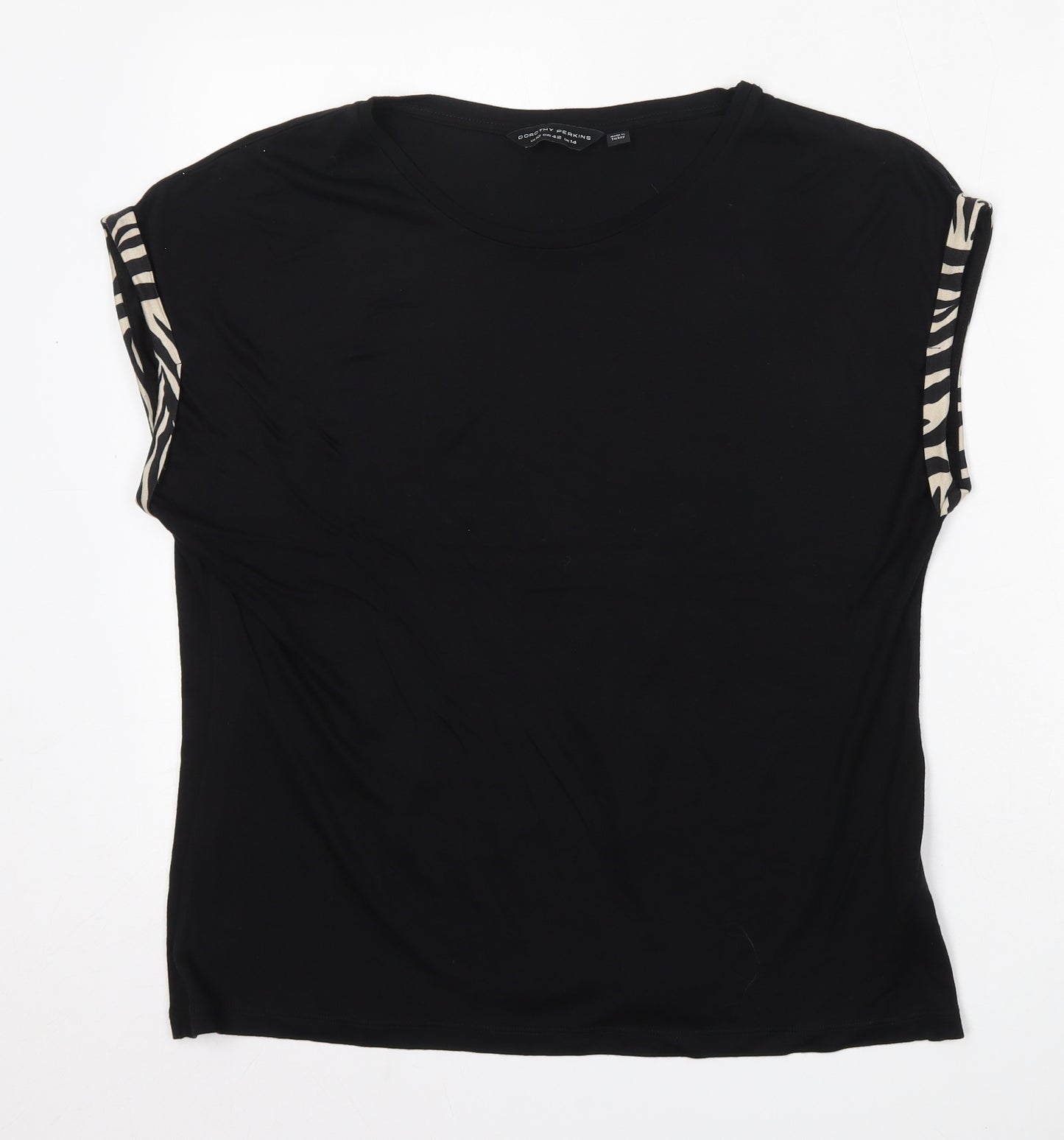 Dorothy Perkins Womens Black Animal Print Viscose Basic T-Shirt Size 14 Round Neck