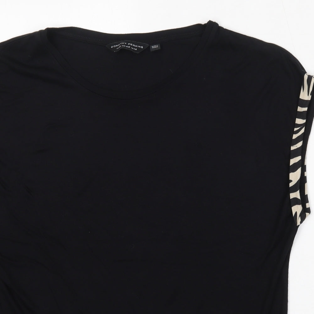 Dorothy Perkins Womens Black Animal Print Viscose Basic T-Shirt Size 14 Round Neck
