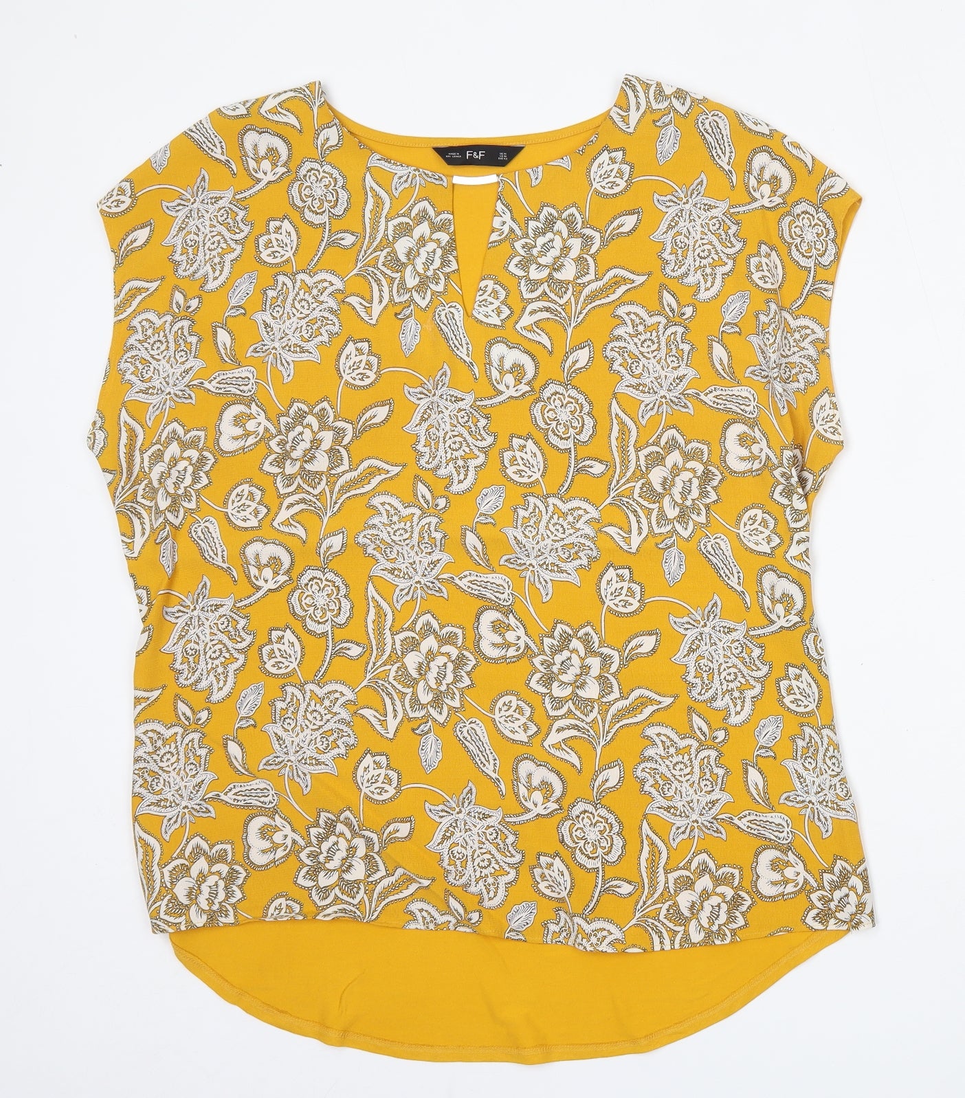 F&F Womens Yellow Floral Viscose Basic Blouse Size 14 Round Neck