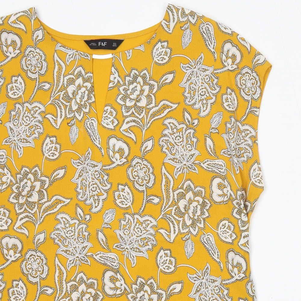 F&F Womens Yellow Floral Viscose Basic Blouse Size 14 Round Neck