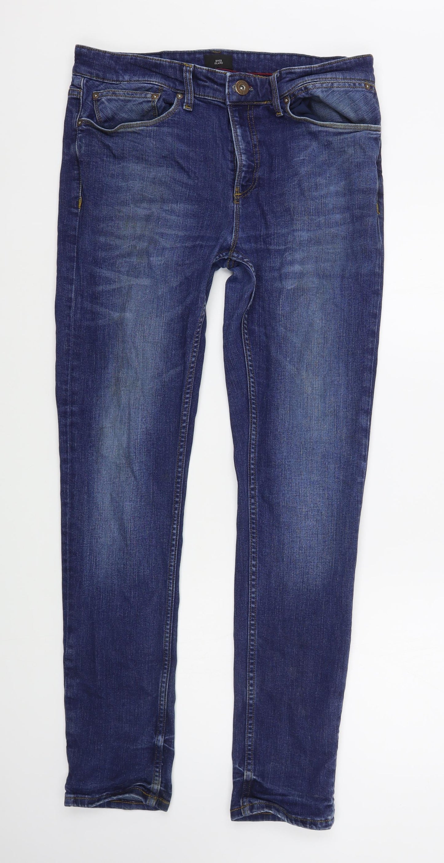 River Island Mens Blue  Cotton Straight Jeans Size 34 in L32 in Regular Zip