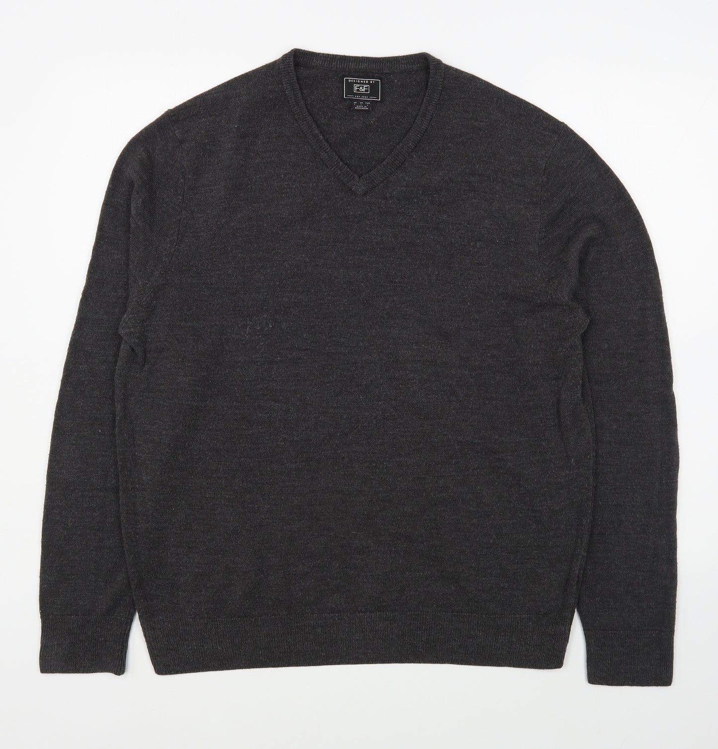F&F Mens Grey V-Neck  Acrylic Pullover Jumper Size L