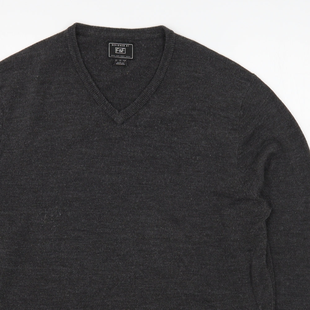 F&F Mens Grey V-Neck  Acrylic Pullover Jumper Size L