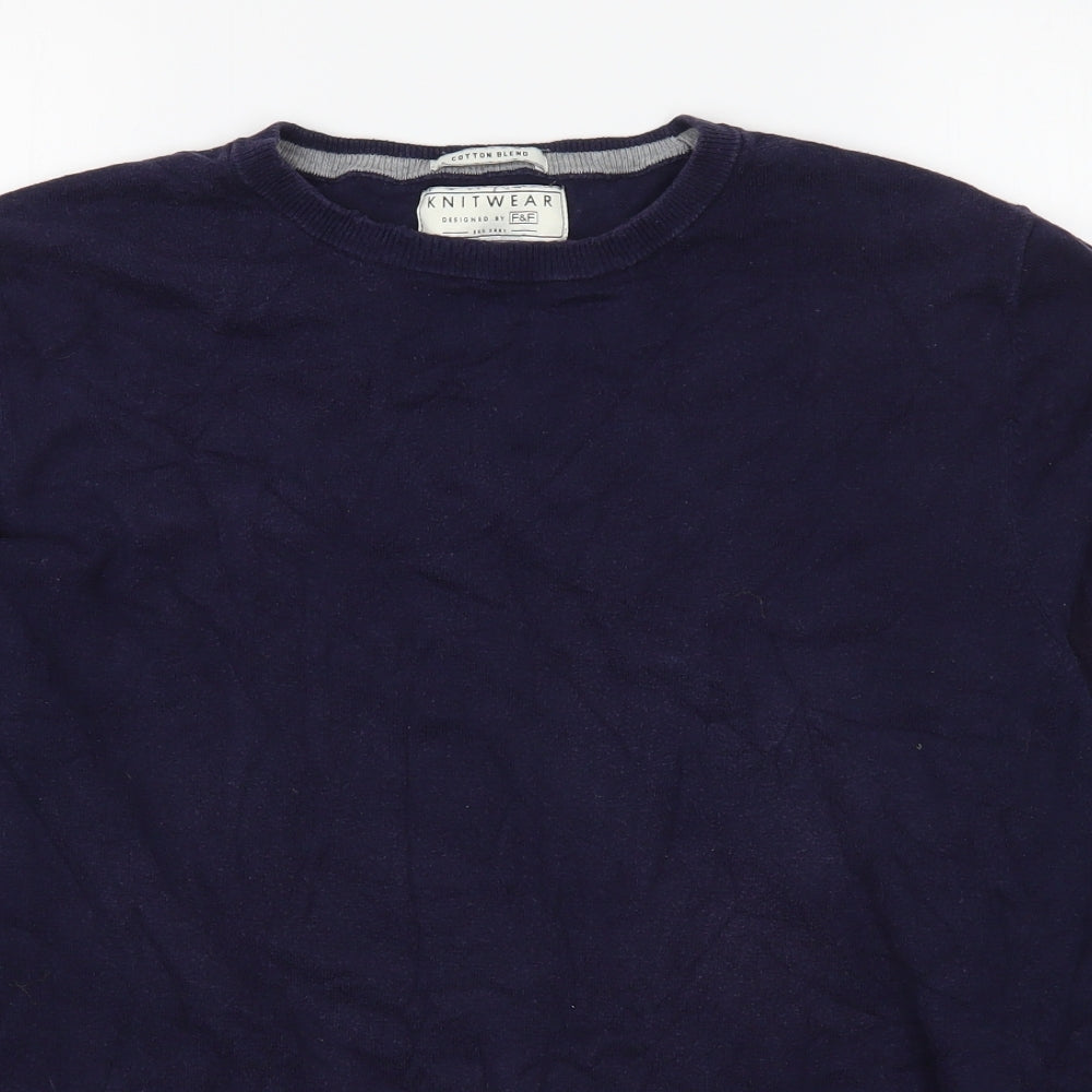 F&F Mens Blue Round Neck  Cotton Pullover Jumper Size L