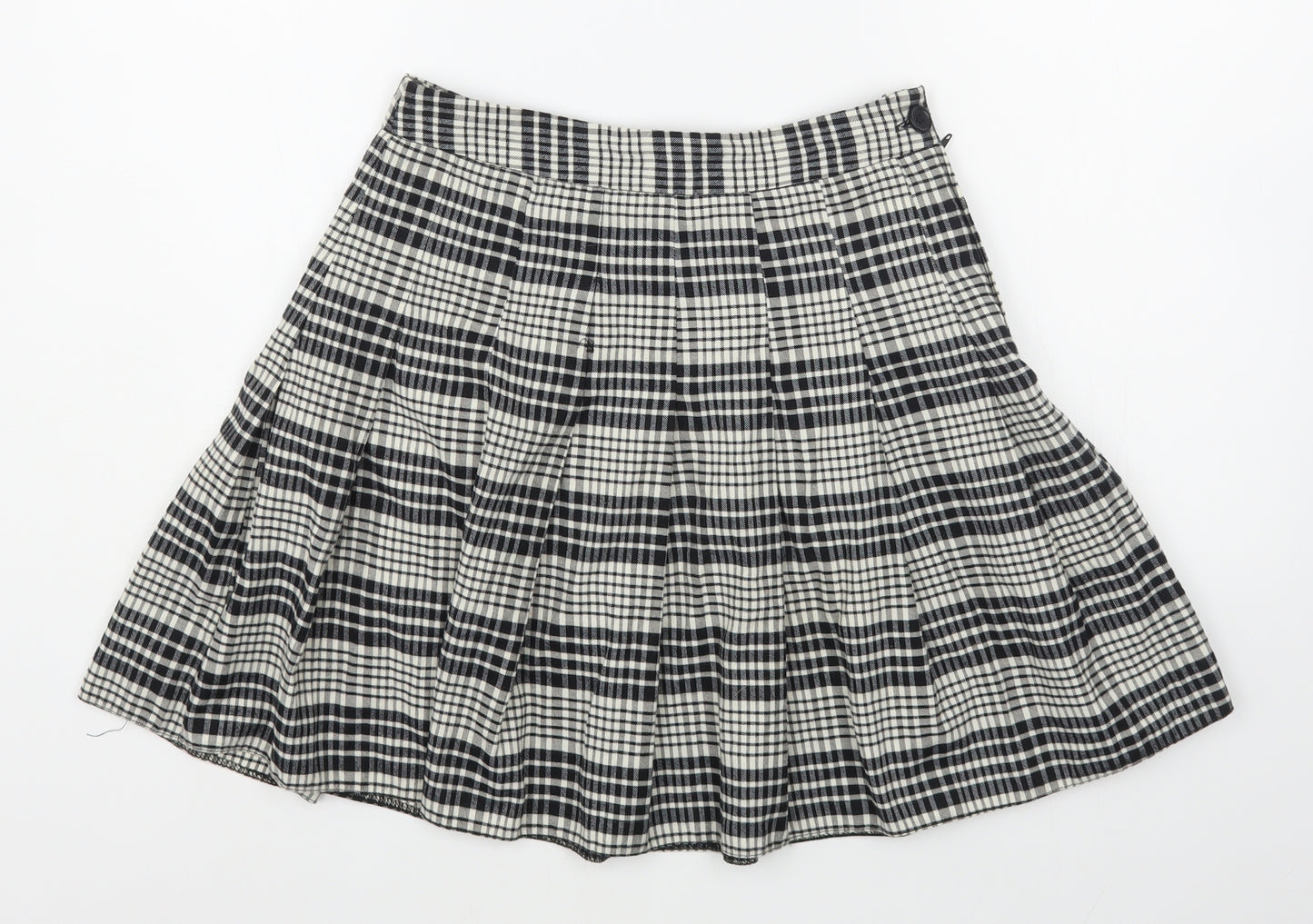 New Look Womens Black Plaid Cotton Pleated Skirt Size 8   Zip