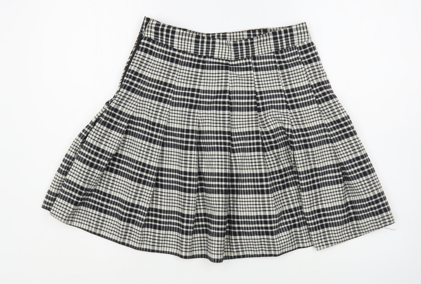 New Look Womens Black Plaid Cotton Pleated Skirt Size 8   Zip