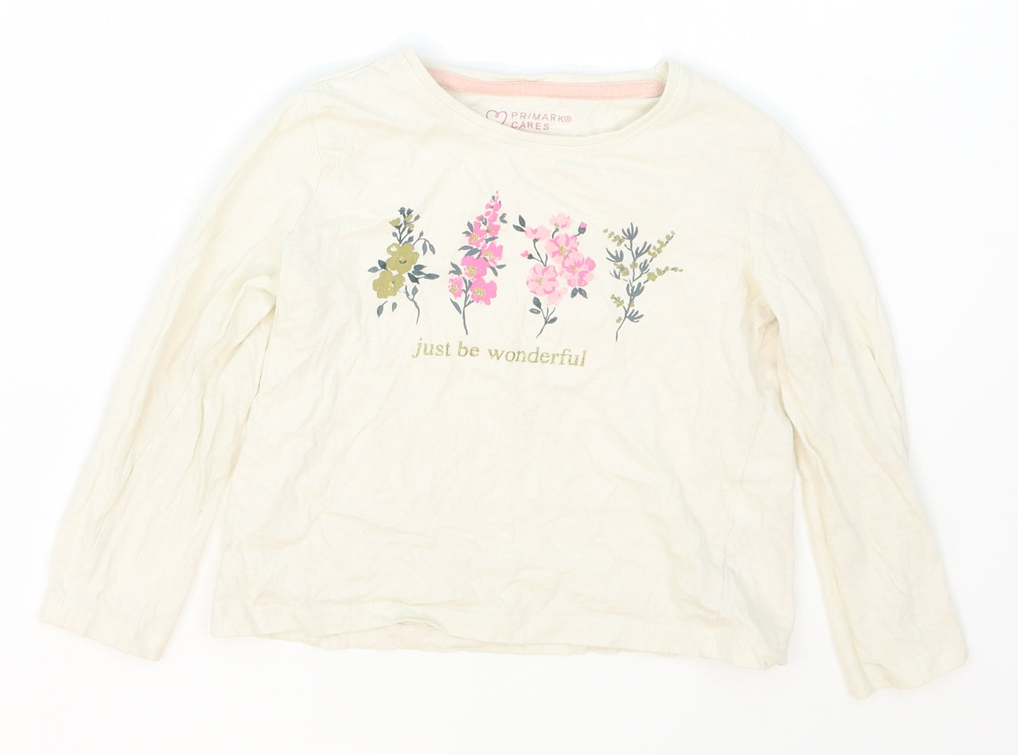 Primark Girls Beige  Cotton Basic T-Shirt Size 4-5 Years Crew Neck Pullover - Just Be Wonderful