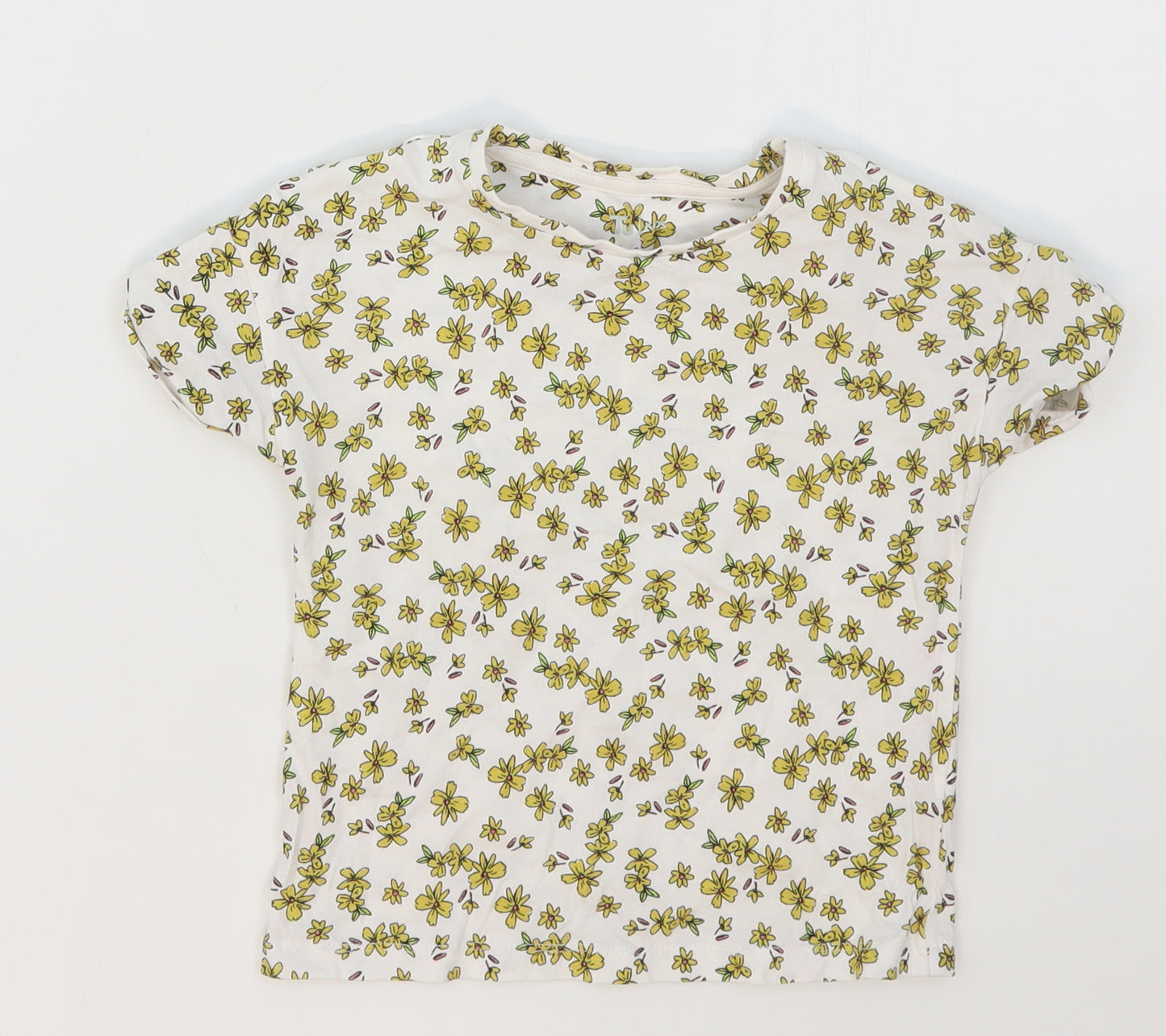 TU Girls White Floral Cotton Basic T-Shirt Size 4-5 Years Crew Neck Pullover - Yellow Flowers
