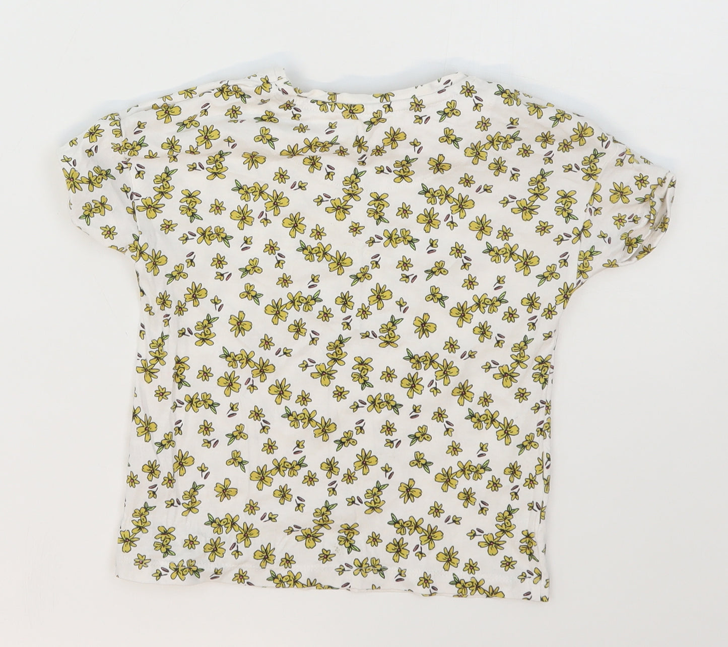 TU Girls White Floral Cotton Basic T-Shirt Size 4-5 Years Crew Neck Pullover - Yellow Flowers