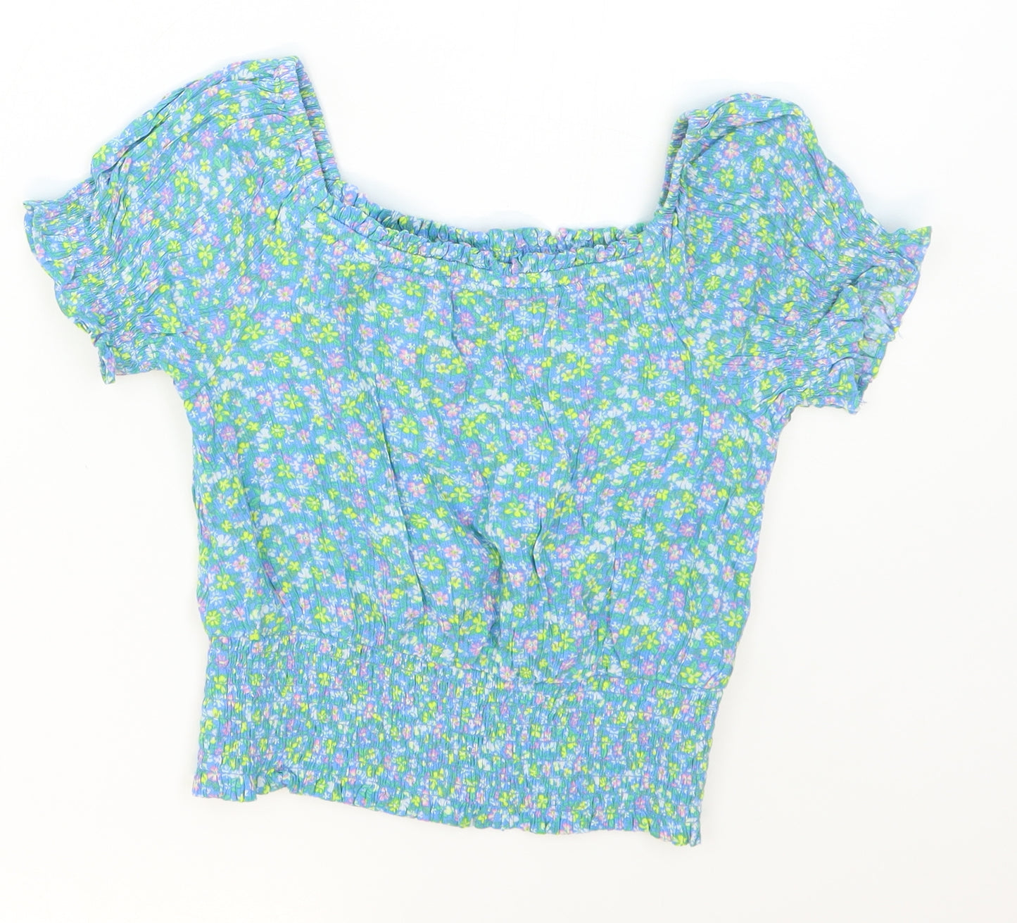 Marks and Spencer Girls Blue Floral Viscose Basic T-Shirt Size 8-9 Years Square Neck Pullover