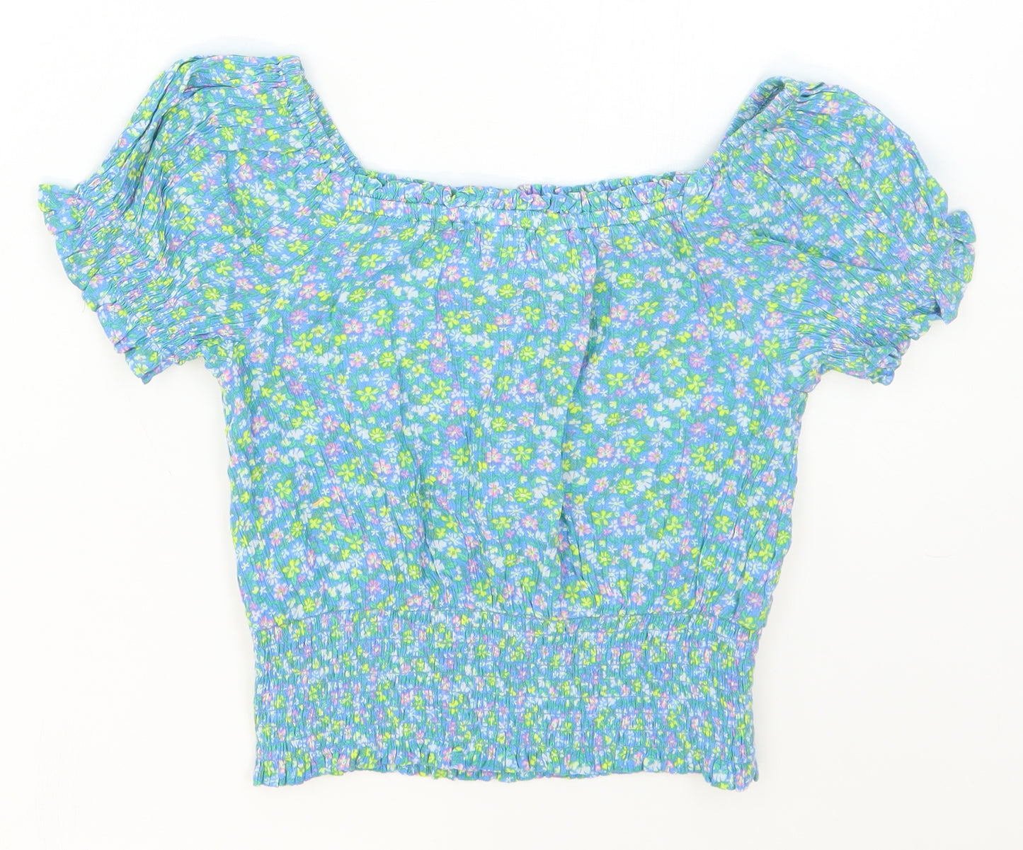 Marks and Spencer Girls Blue Floral Viscose Basic T-Shirt Size 8-9 Years Square Neck Pullover