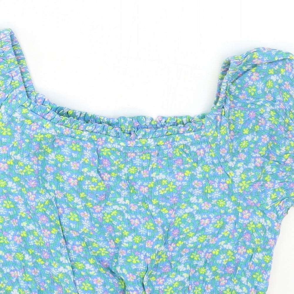 Marks and Spencer Girls Blue Floral Viscose Basic T-Shirt Size 8-9 Years Square Neck Pullover
