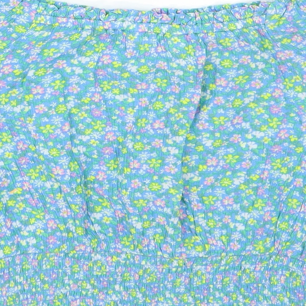 Marks and Spencer Girls Blue Floral Viscose Basic T-Shirt Size 8-9 Years Square Neck Pullover
