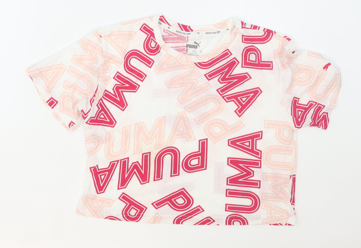 PUMA Girls Pink  Cotton Cropped T-Shirt Size 11-12 Years Crew Neck Pullover