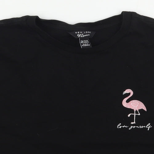 New Look Girls Black  Cotton Cropped T-Shirt Size 12-13 Years Crew Neck Pullover - Flamingo Love Yourself
