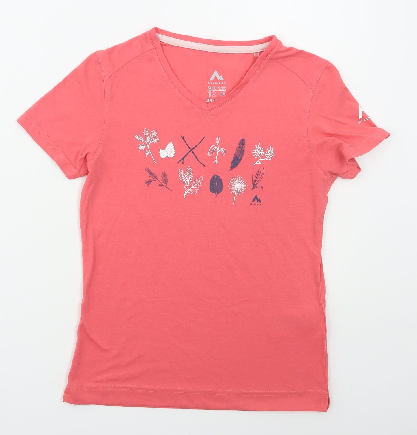 McKINLEY Girls Pink  Cotton Basic T-Shirt Size 12 Years V-Neck Pullover - Leaves