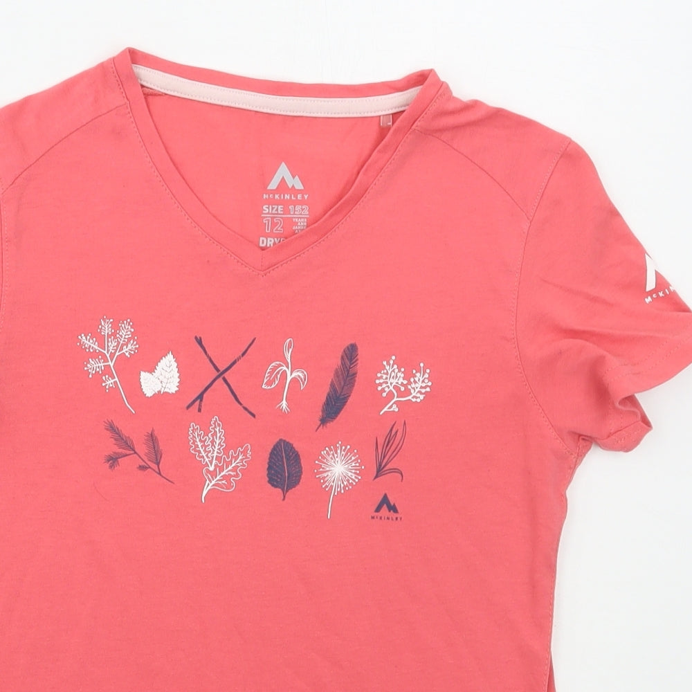 McKINLEY Girls Pink  Cotton Basic T-Shirt Size 12 Years V-Neck Pullover - Leaves