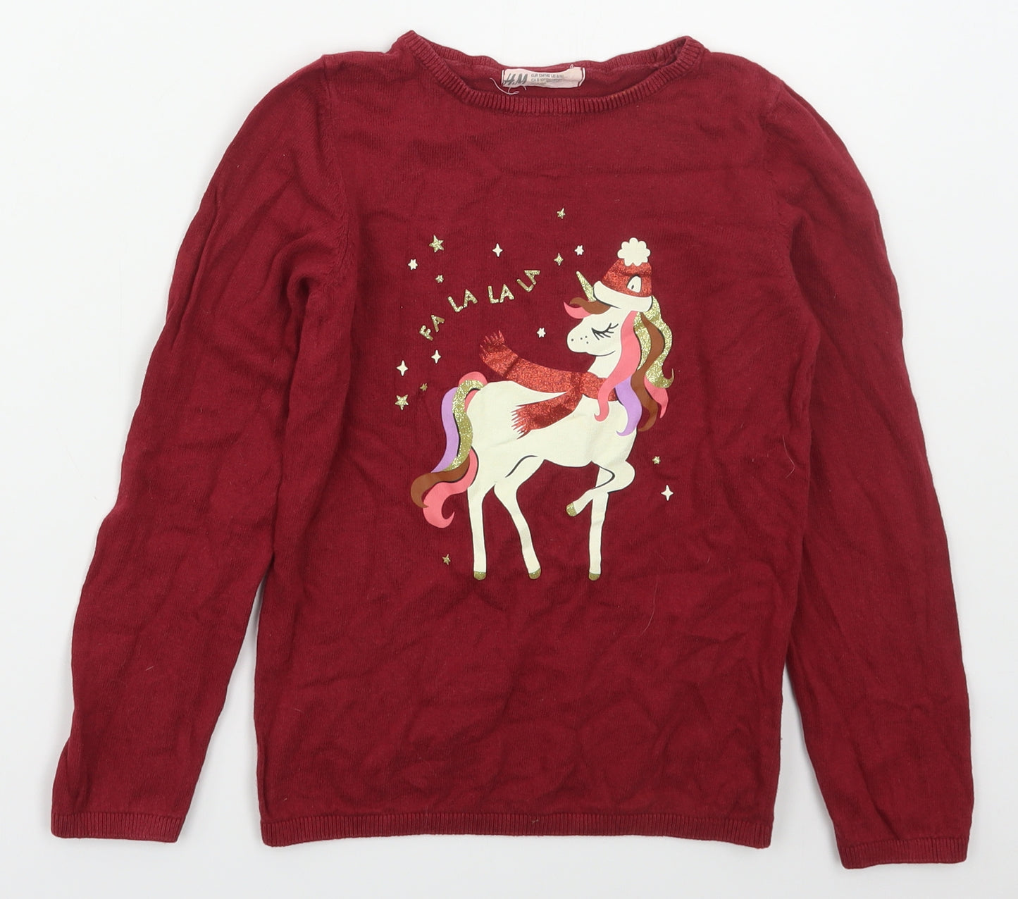 H&M Girls Red Crew Neck  Cotton Pullover Jumper Size 8-9 Years  Pullover - Christmas Unicorn