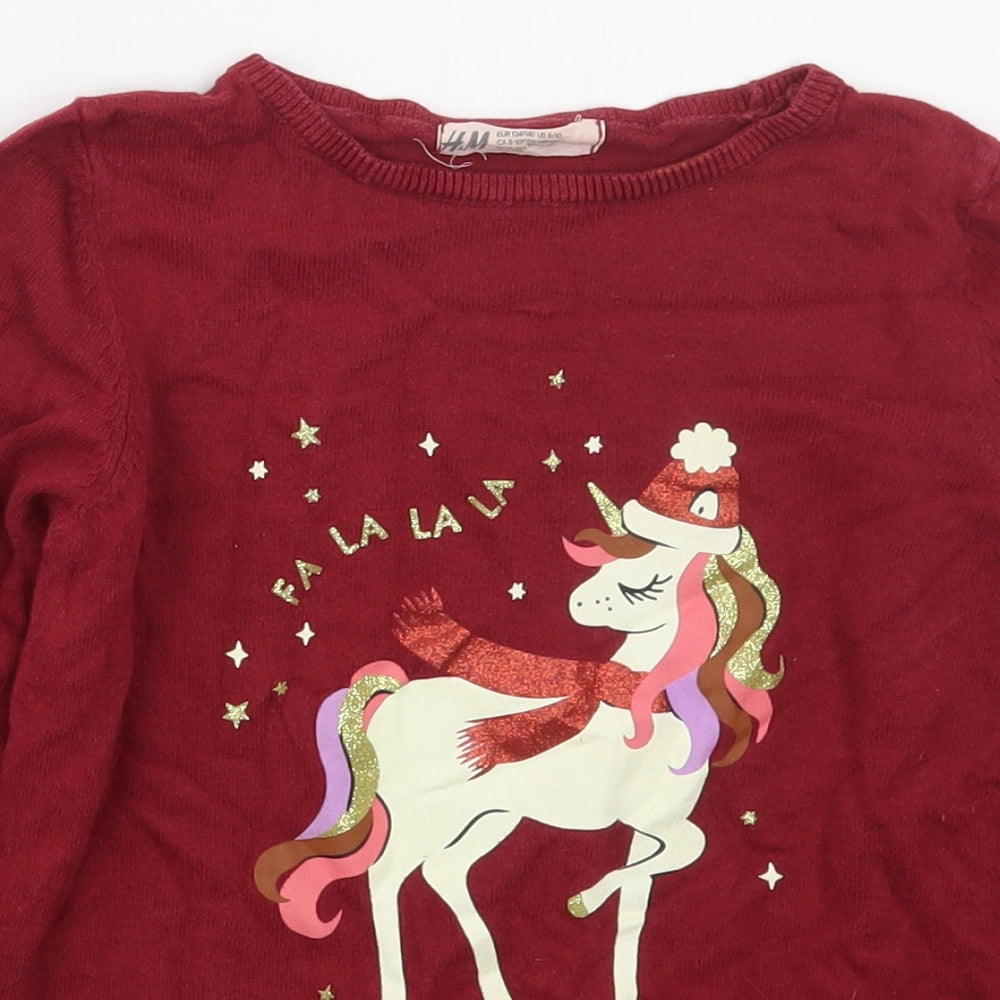 H&M Girls Red Crew Neck  Cotton Pullover Jumper Size 8-9 Years  Pullover - Christmas Unicorn
