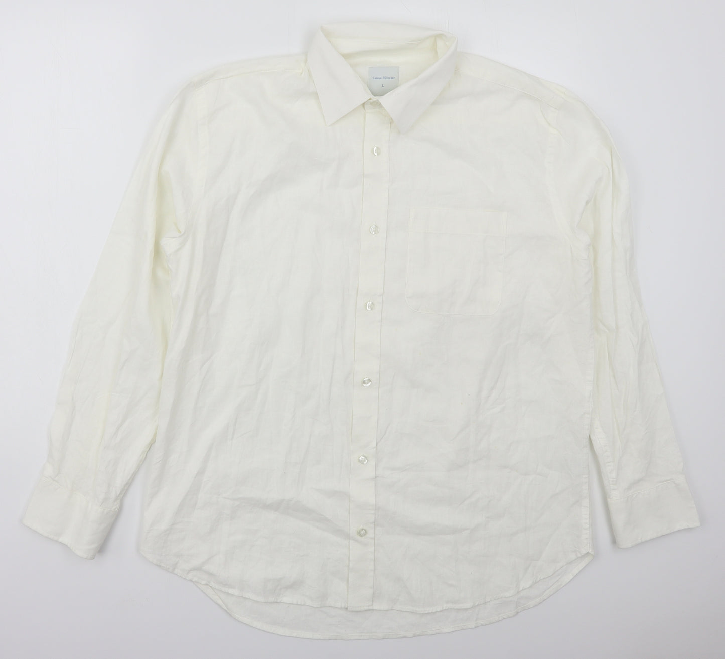 Samuel Windsor Mens White  Linen  Dress Shirt Size L Collared Button