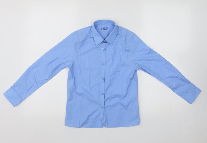 Marks and Spencer Boys Blue Polyester Basic Button-Up Size 8-9 Years Collared Button