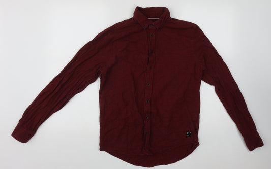Front view of Blend men’s red plaid cotton button-up, size S, collared button