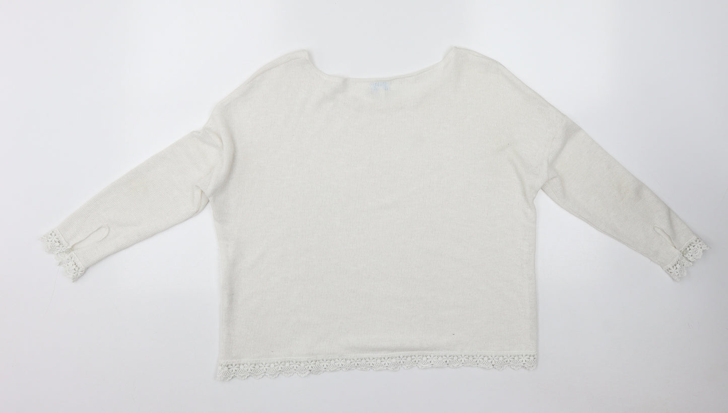 Blue Vanilla Womens White Scoop Neck  Polyester Pullover Jumper Size S
