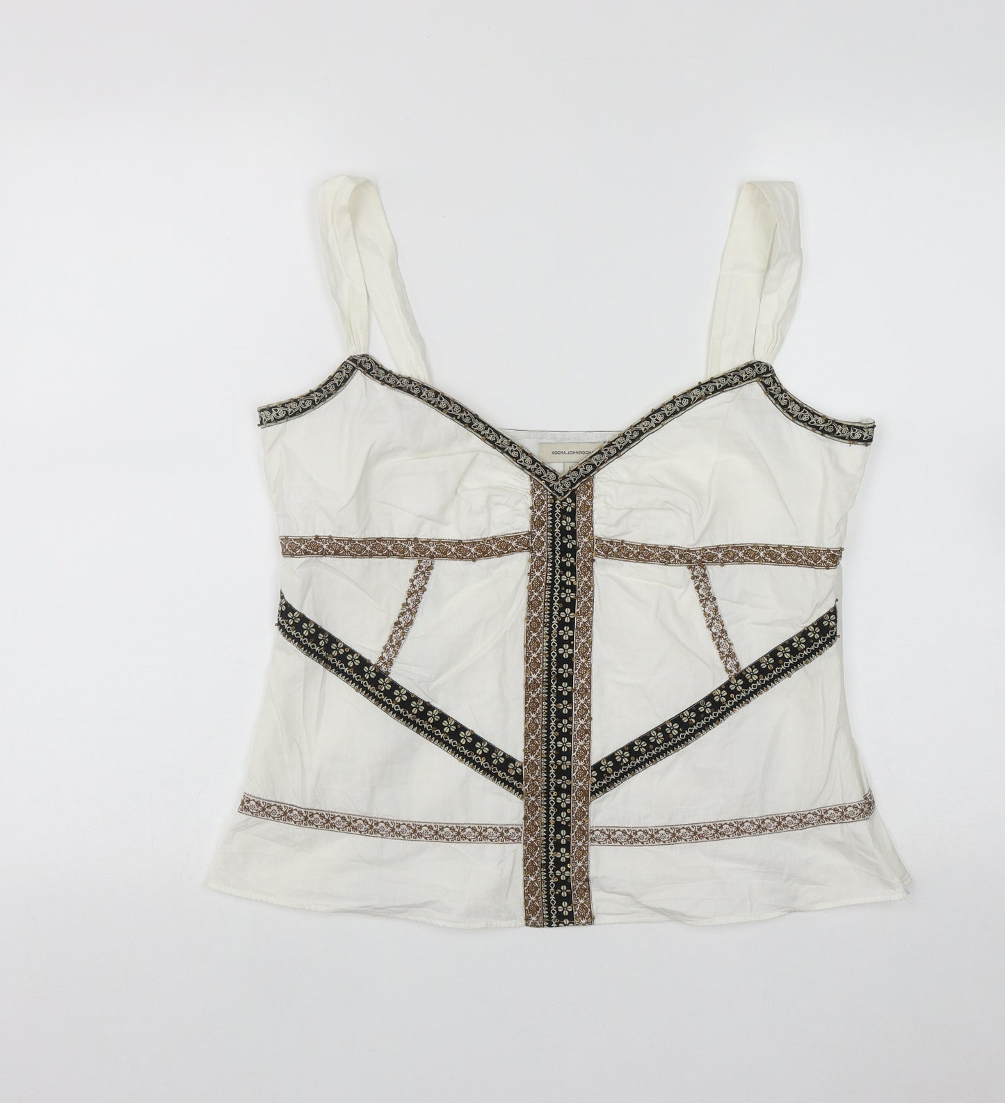 John Rocha Womens White Geometric Cotton Camisole Tank Size 14 V-Neck