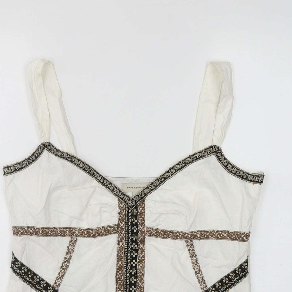 John Rocha Womens White Geometric Cotton Camisole Tank Size 14 V-Neck